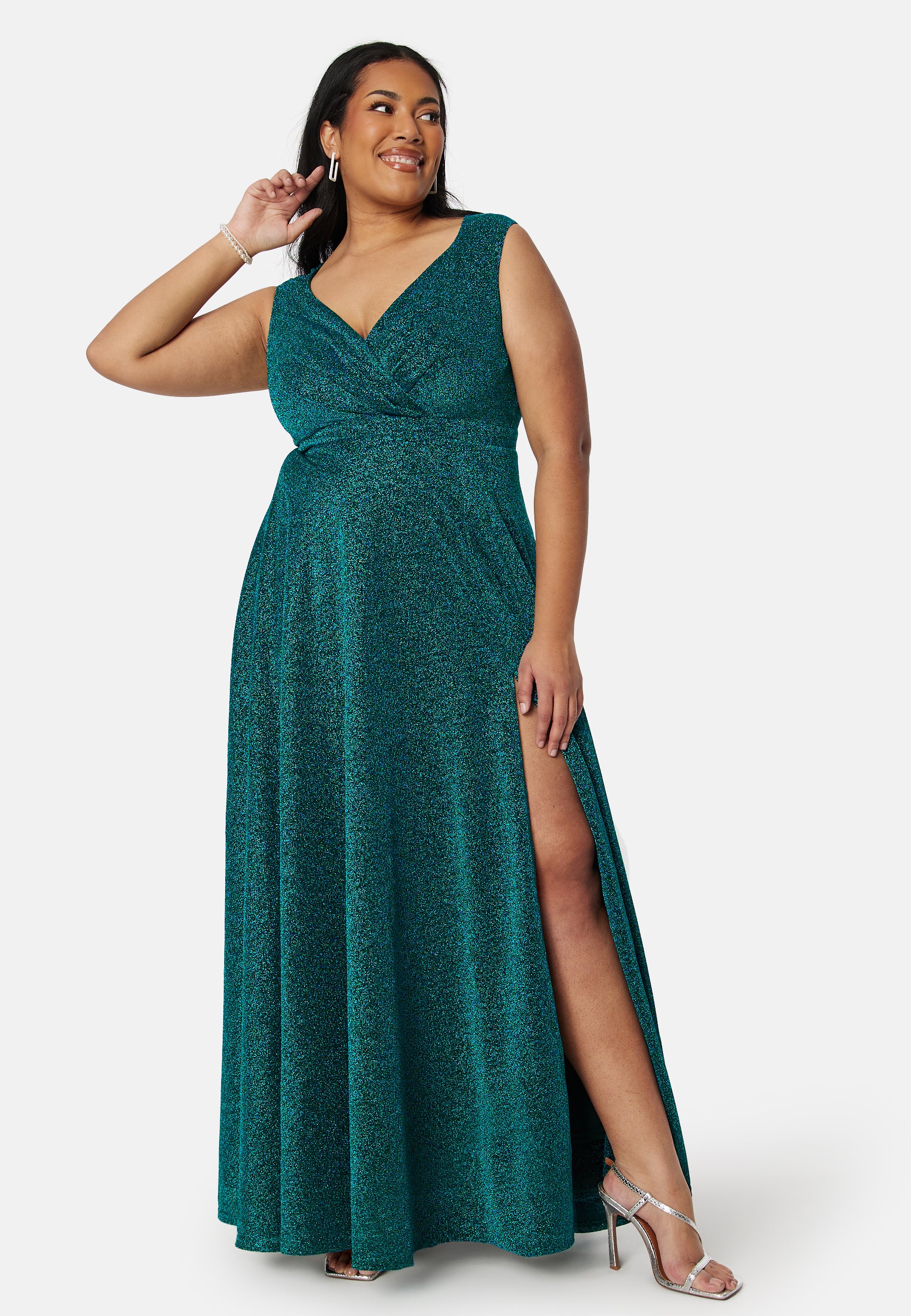 Goddiva curve Glitter Wrap Front Maxi Curve Dress With Split + SIZES Green Goddiva curve Glitter Wrap Front Maxi Curve Dress With Split + SIZES Green