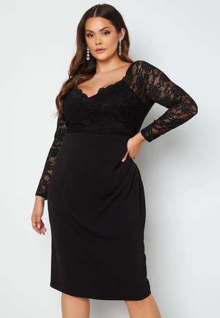 Long Sleeve Lace Trim Midi Dress