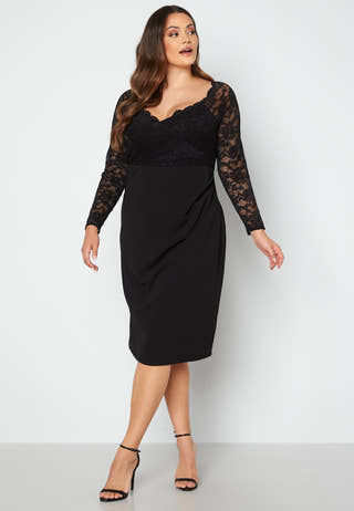 Long Sleeve Lace Trim Midi Dress