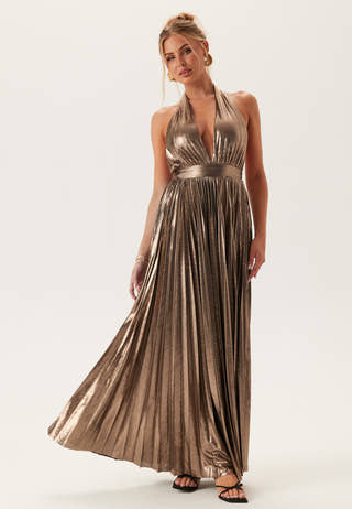 Deep V Pleated Halter Maxi Dre