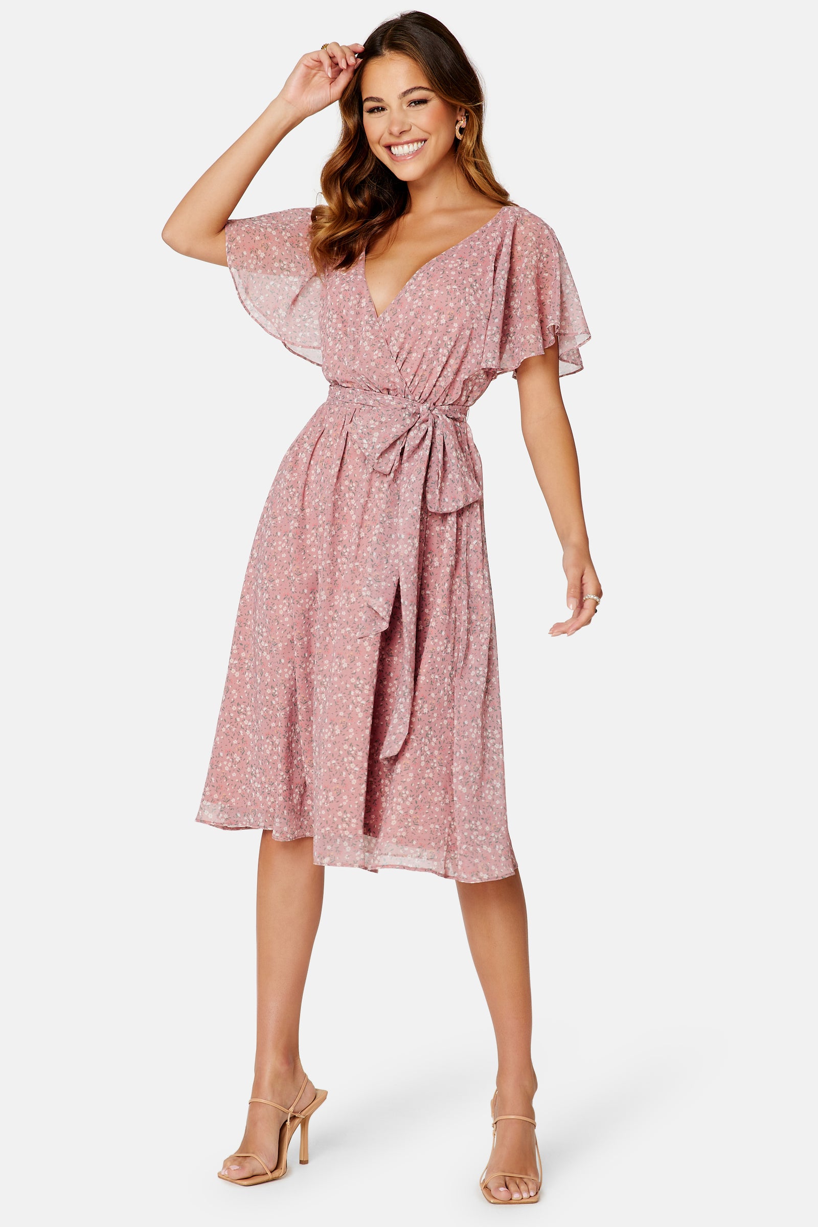 Goddiva – Ditsy Flutter Sleeve Midi Dress – Bridesmaid dresses – Purple