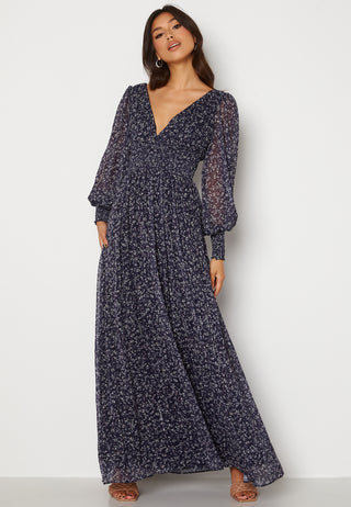 Ditsy Long Sleeve Shirred Maxi Dress