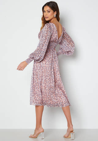 Ditsy Long Sleeve Shirred Midi Dress