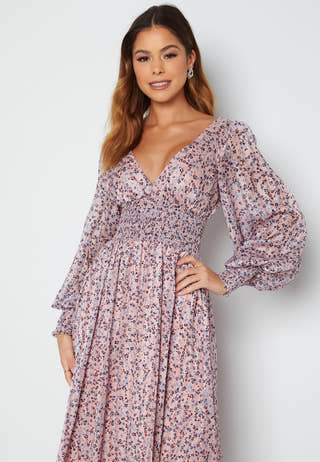 Ditsy Long Sleeve Shirred Midi Dress