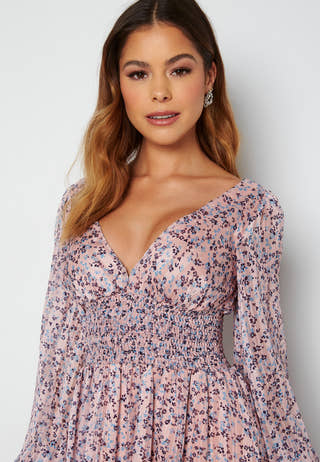 Ditsy Long Sleeve Shirred Midi Dress