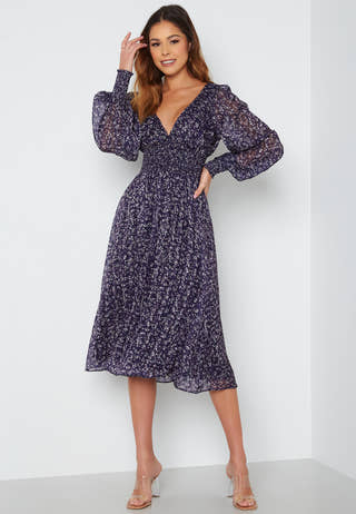 Ditsy Long Sleeve Shirred Midi Dress