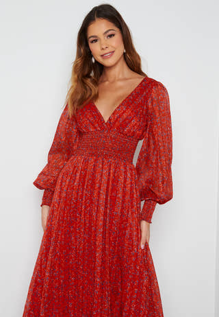 Ditsy Long Sleeve Shirred Midi Dress