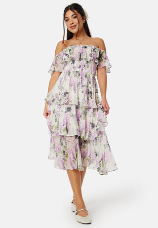 Floral Bardot Pleated Midi Dress