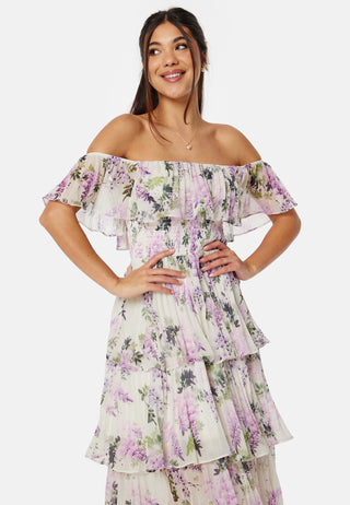Floral Bardot Pleated Midi Dress