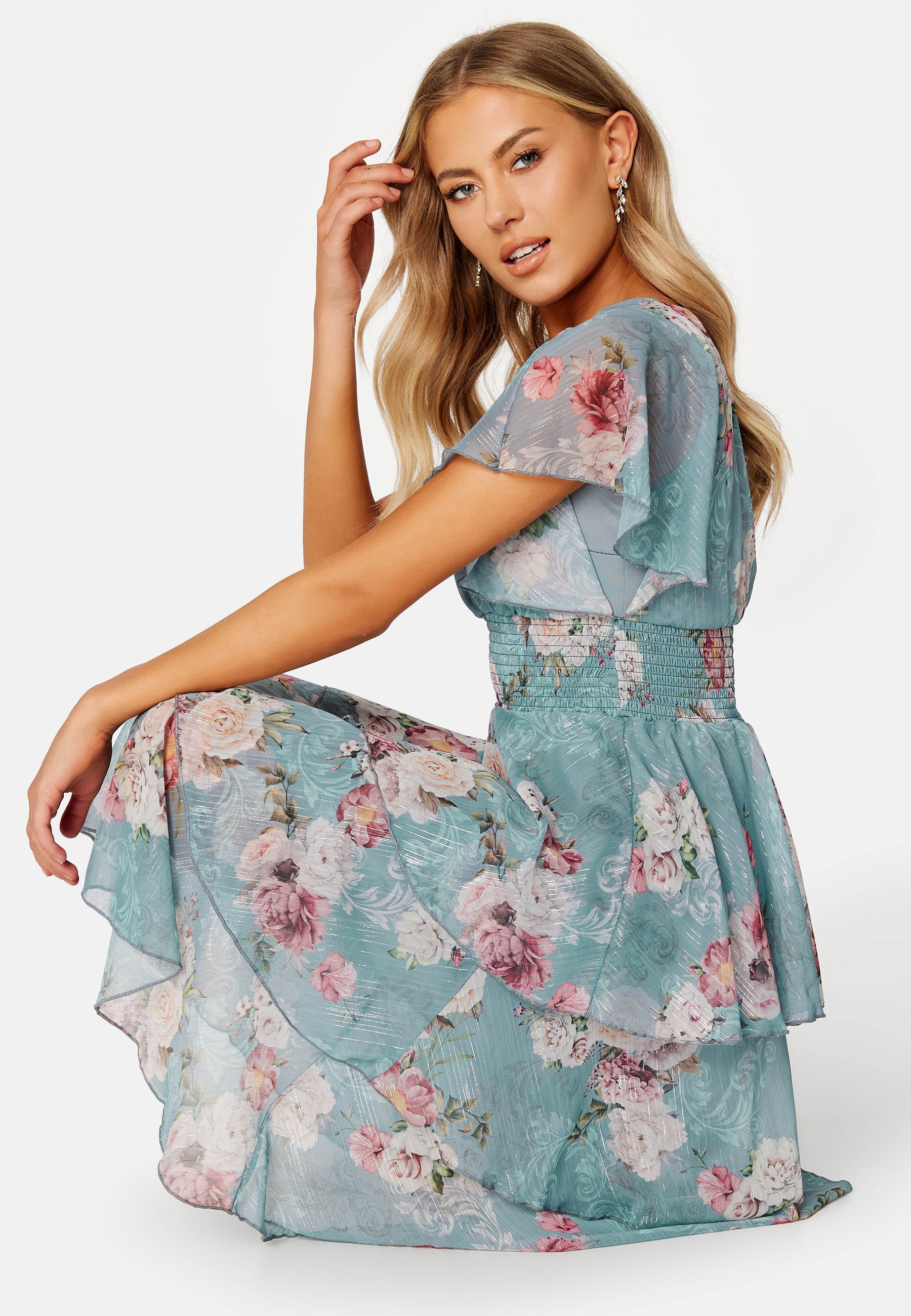 sequin flutter tiered midi dress Unbelievable Glow Gold Metallic Tiered Flutter Sleeve Midi Dress