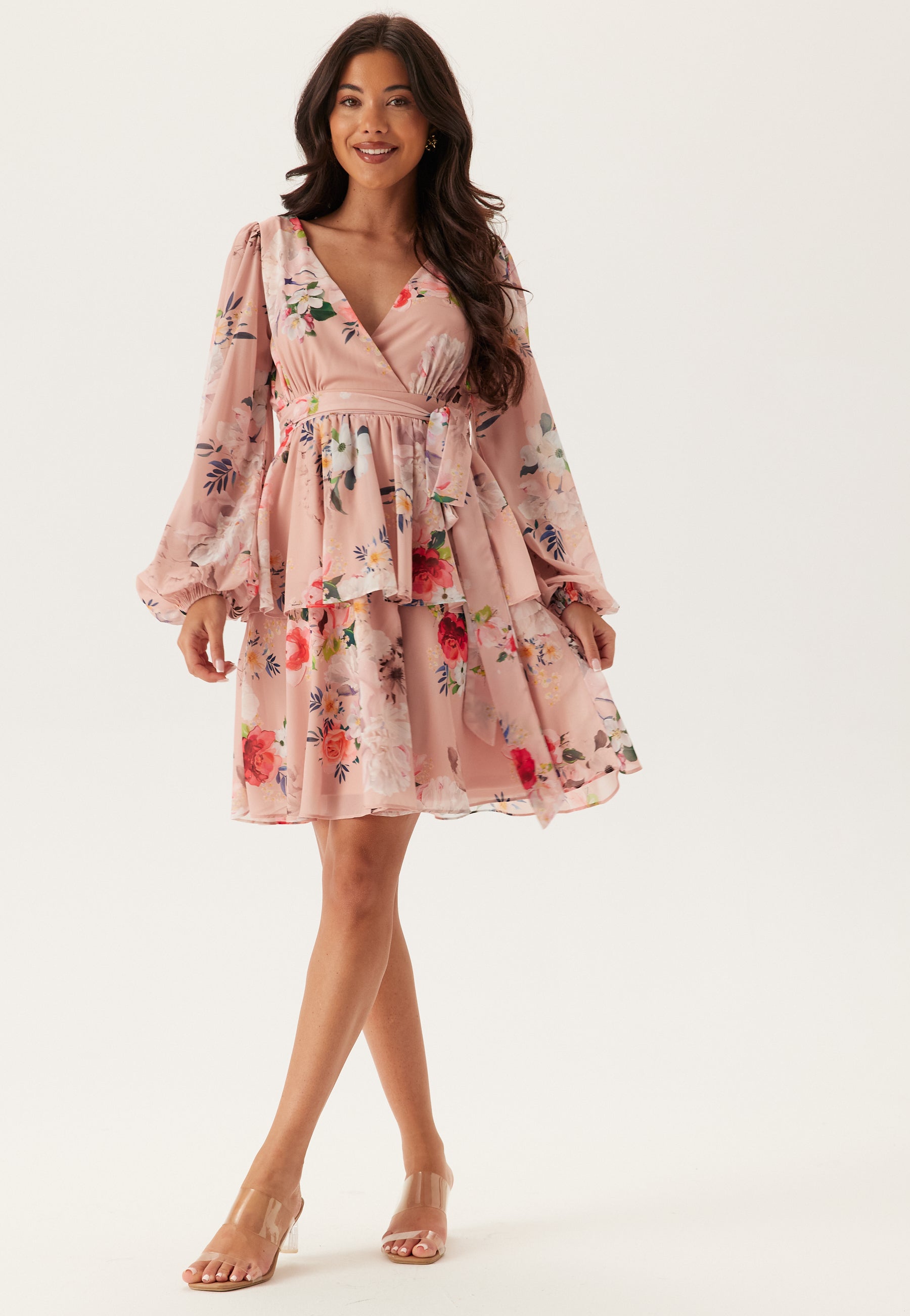 Goddiva Floral Long Sleeve Tiered Skater Dress Dresses Floral / Pink Goddiva Floral Long Sleeve Tiered Skater Dress Dresses Floral / Pink