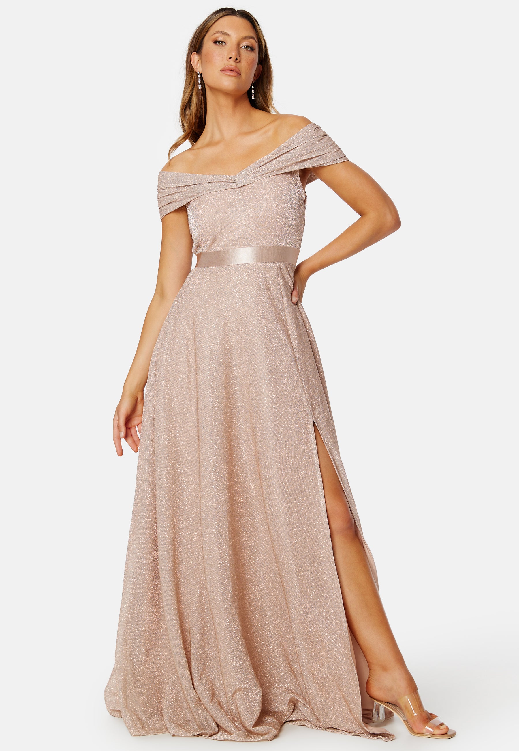 Goddiva – Glitter Bardot Maxi Dress – Ball gowns – Beige