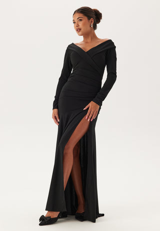 Long Sleeve Bardot Pleat Maxi With Split