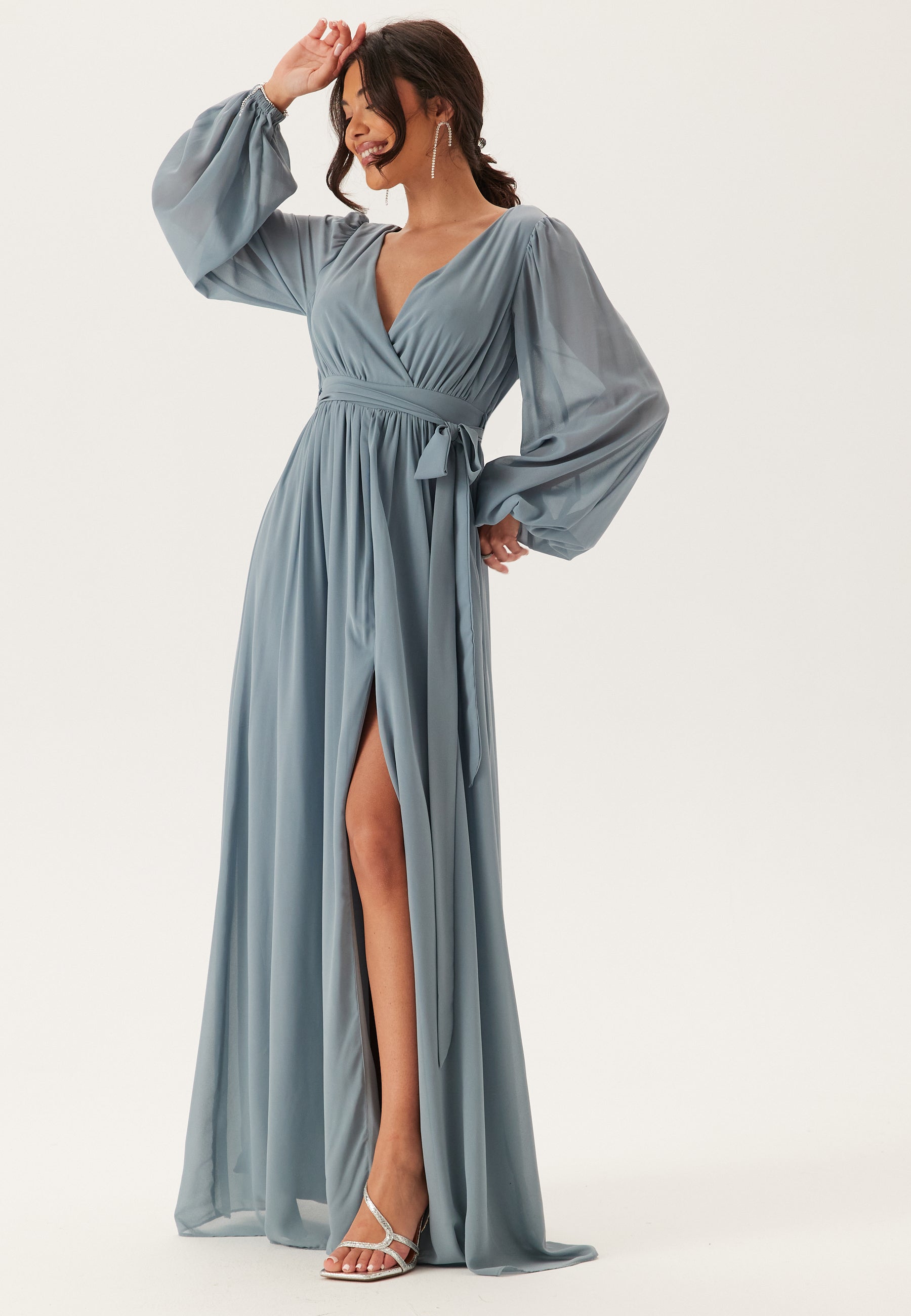 Goddiva – Long Sleeve Chiffon Dress – Blue – Blue