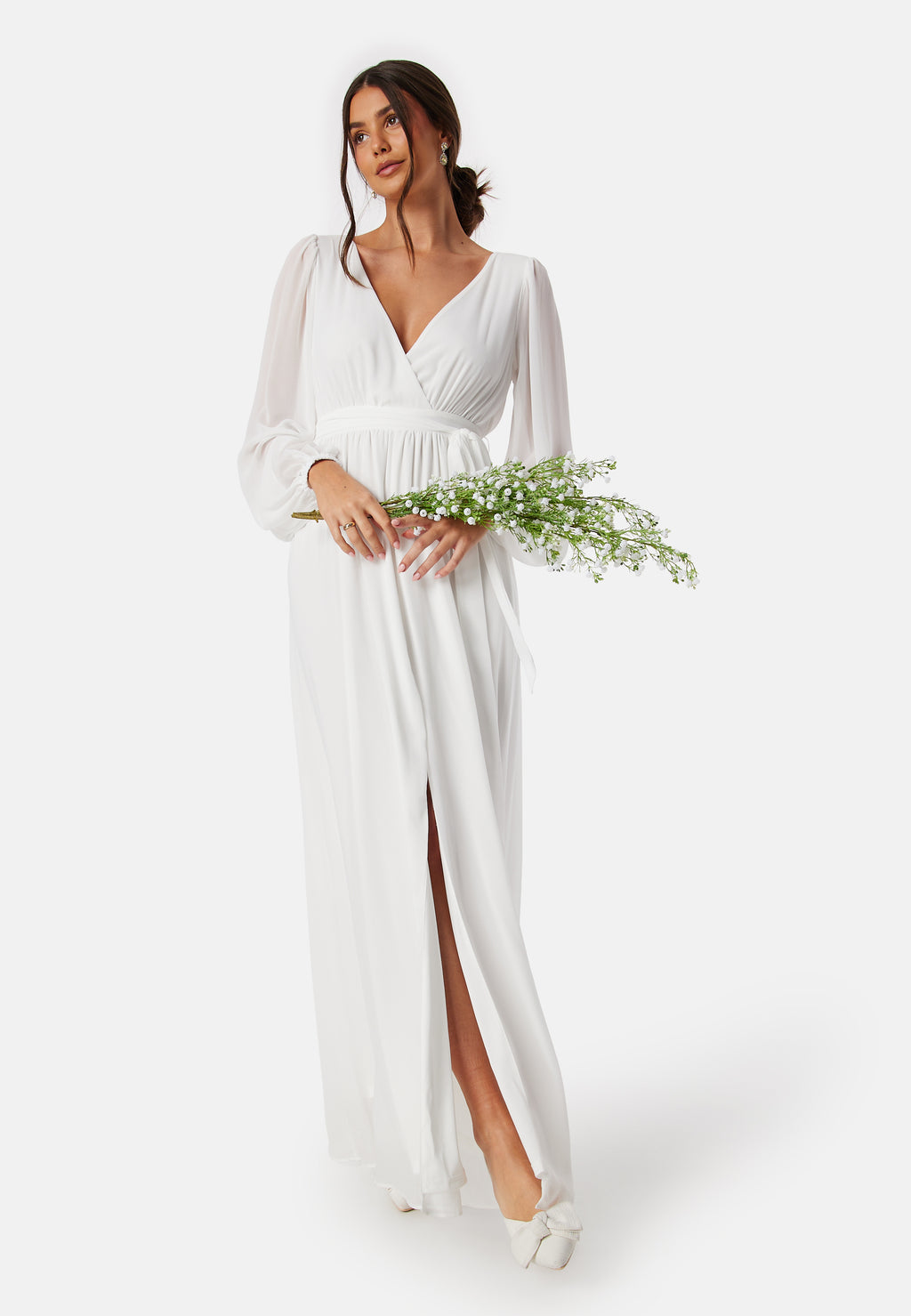 Goddiva  Long Sleeve Chiffon Maxi Dress  campaign-outlet  White