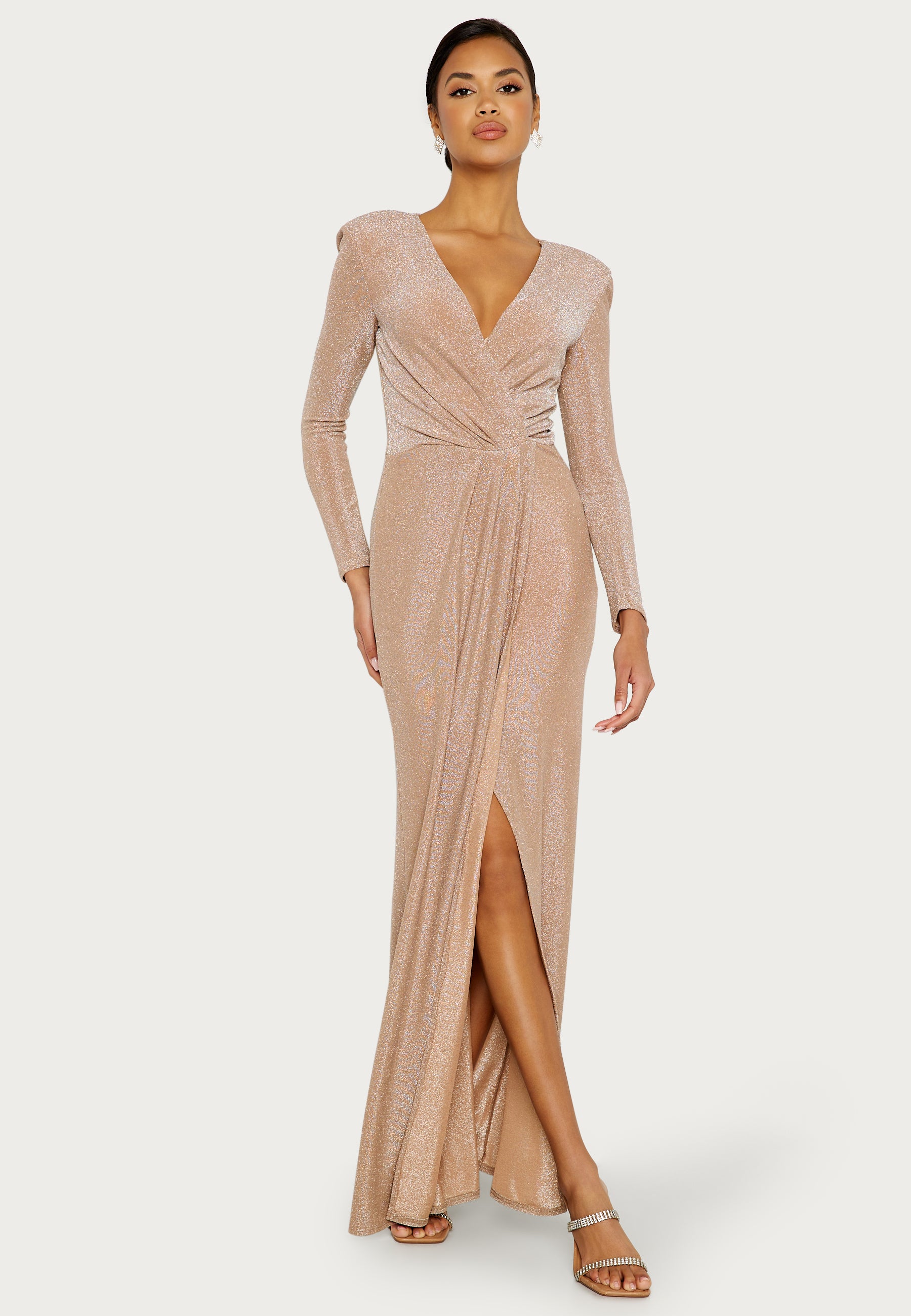 Goddiva Long Sleeve Glitter Maxi Dress Ball gowns Beige Goddiva Long Sleeve Glitter Maxi Dress Ball gowns Beige
