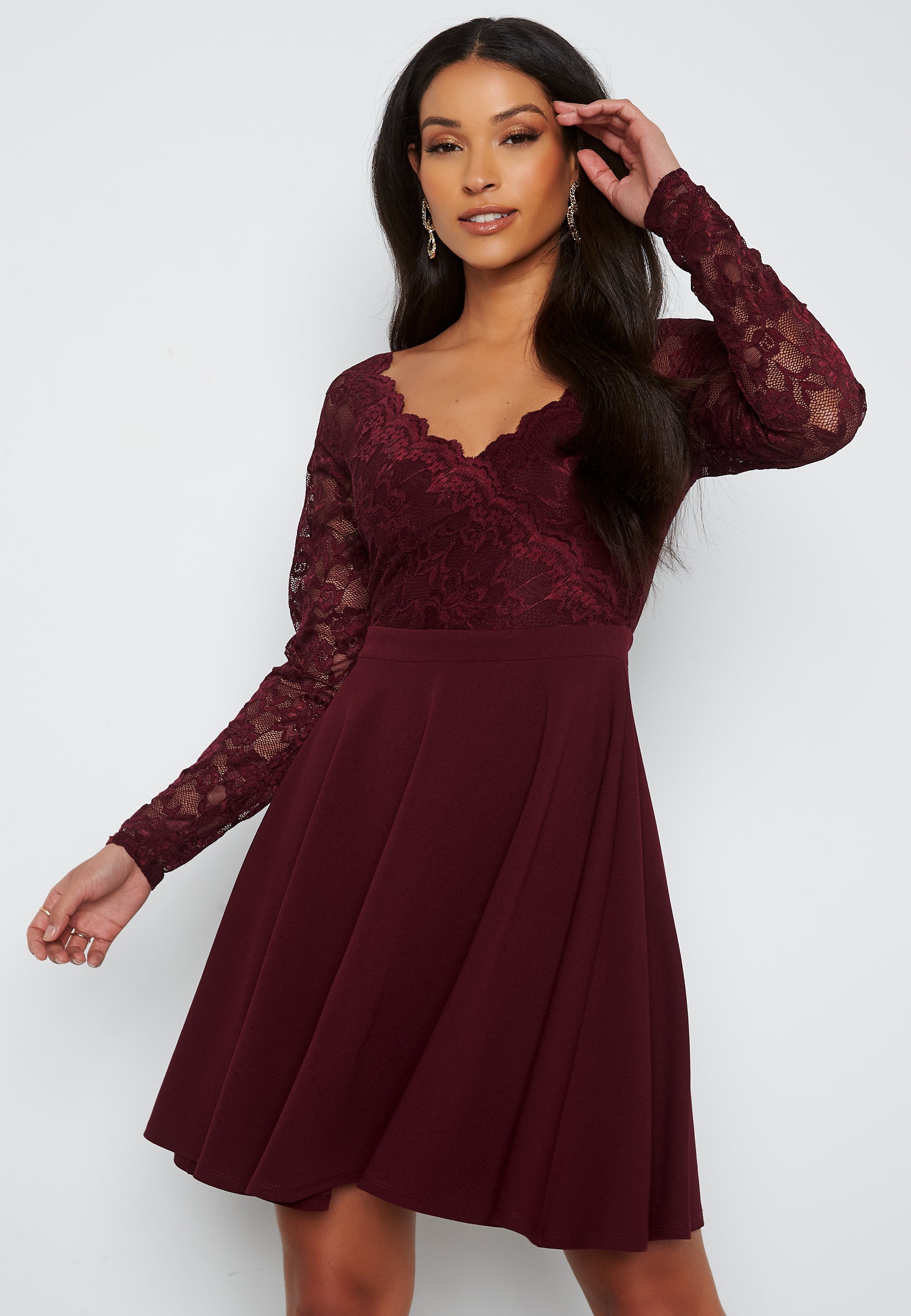 Goddiva Long Sleeve Lace Skater Dress Ball gowns Red Goddiva Long Sleeve Lace Skater Dress Ball gowns Red