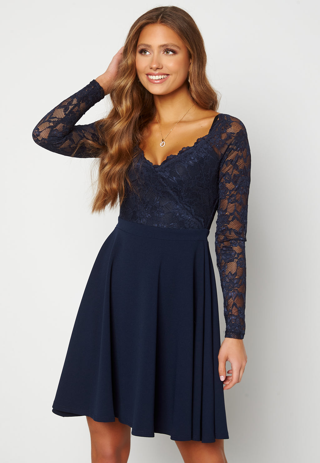 navy long sleeve skater dress Goddiva – Long Sleeve Lace Skater Dress – Bridesmaid dresses – Blue