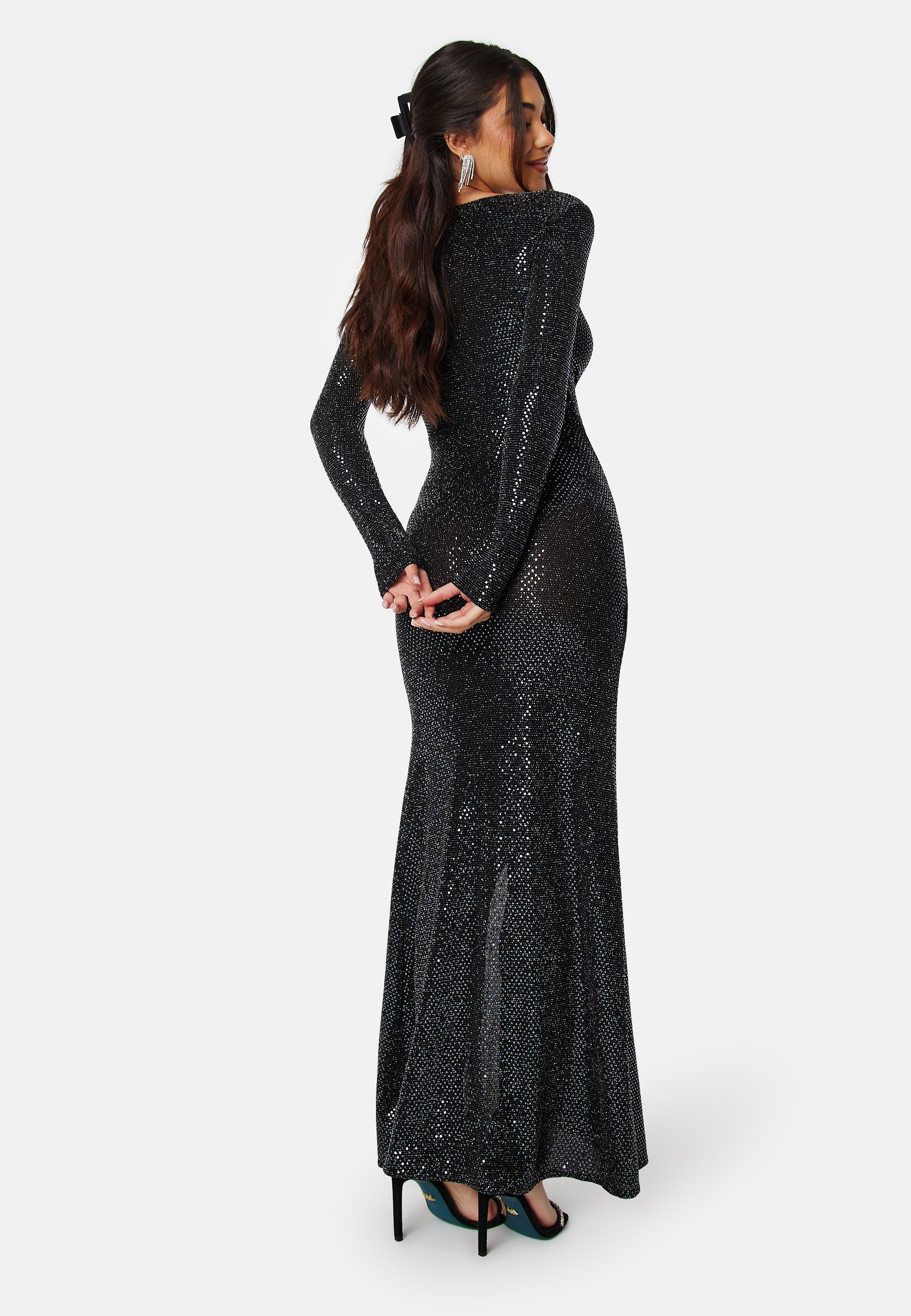Goddiva Long Sleeve Sequin Maxi Dress With Split Black Black Goddiva Long Sleeve Sequin Maxi Dress With Split Black Black