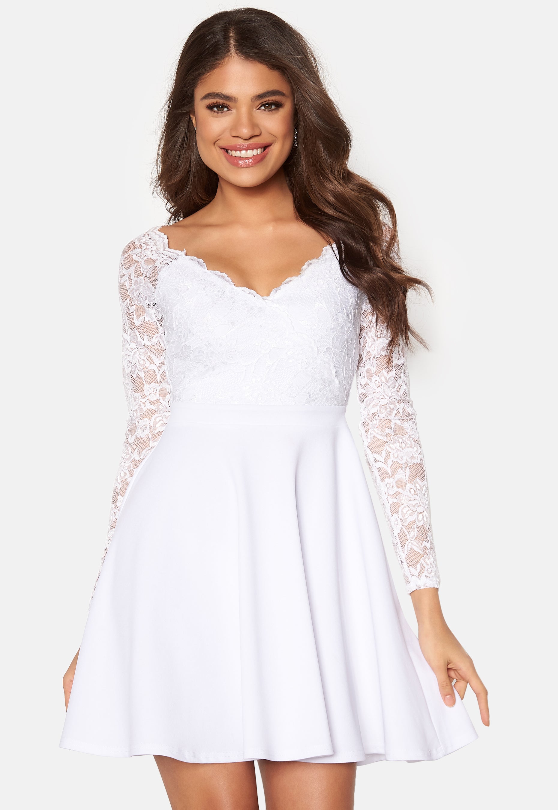 white long sleeve skater dress Goddiva – Long Sleeve Skater Dress – campaign-outlet – White
