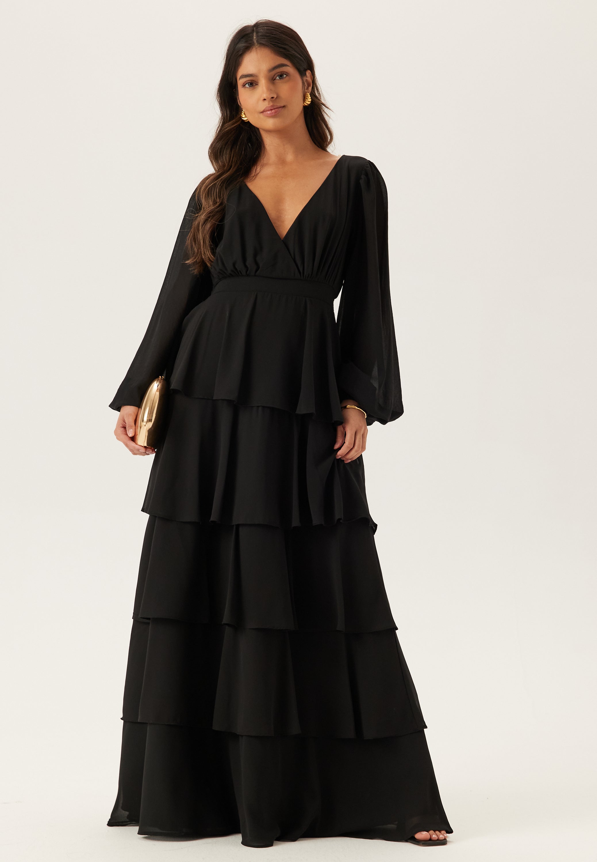 Goddiva – Long Sleeve Tiered Maxi Dress – Black – Black Goddiva – Long Sleeve Tiered Maxi Dress – Black – Black
