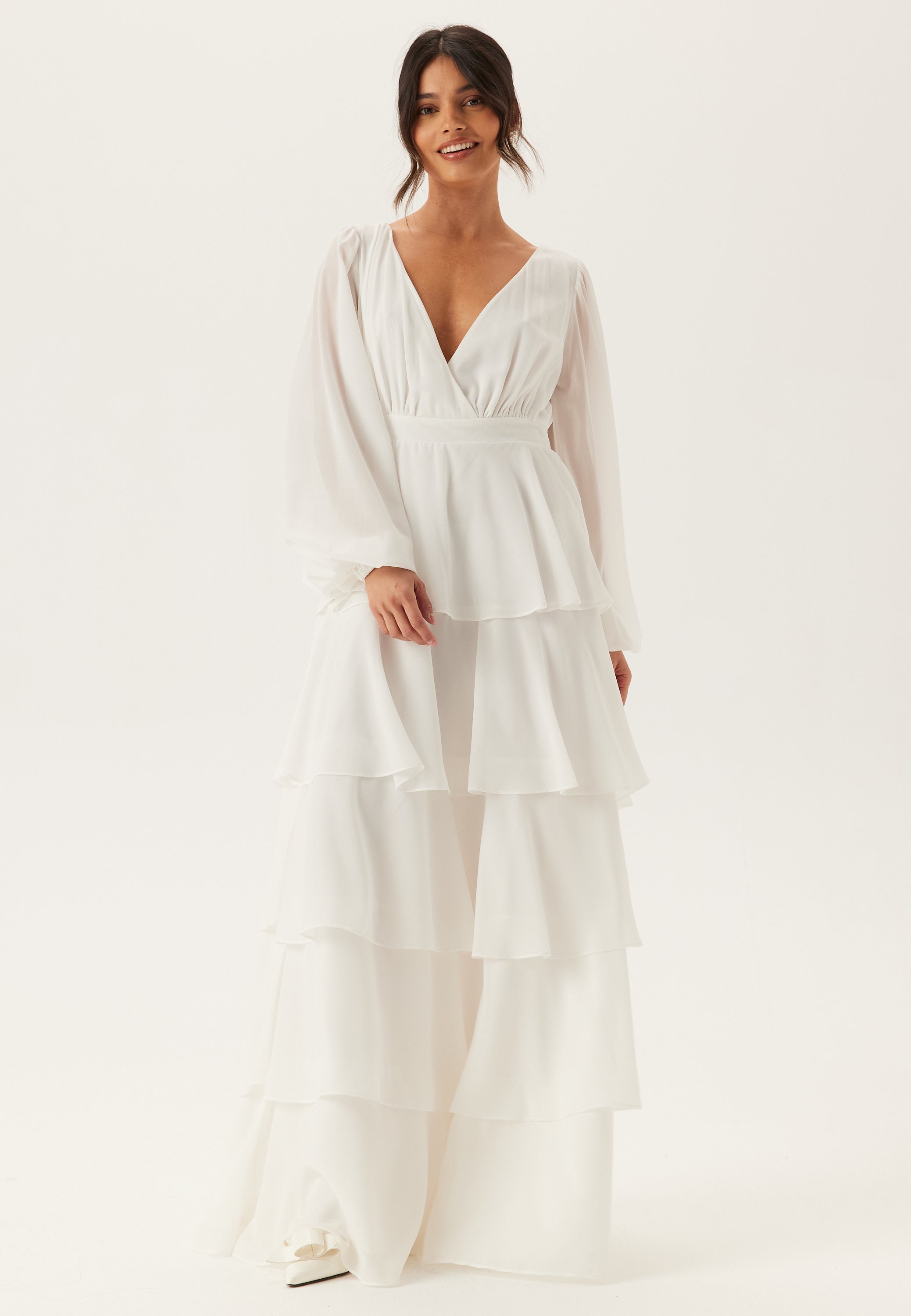 Goddiva Long Sleeve Tiered Maxi Dress Dresses White Goddiva Long Sleeve Tiered Maxi Dress Dresses White