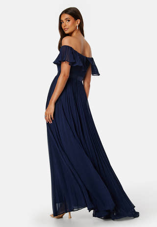 Pleated Chiffon Off Shoulder Maxi Dress