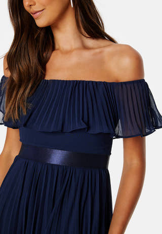 Pleated Chiffon Off Shoulder Maxi Dress