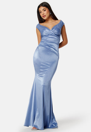 Satin Bardot Pleat Maxi Dress