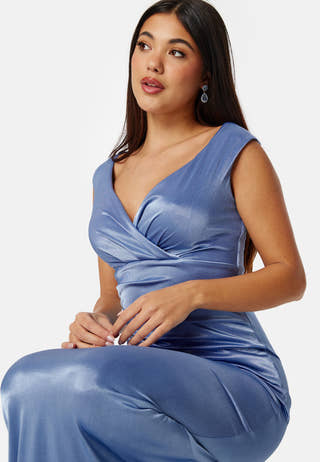 Satin Bardot Pleat Maxi Dress