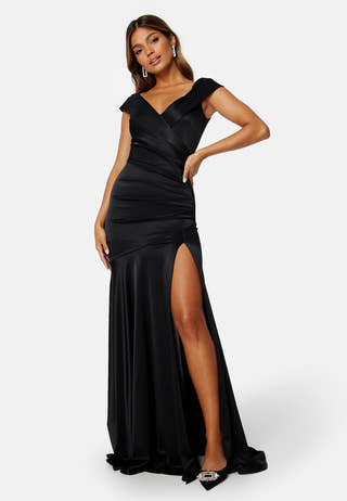 Satin Bardot Pleat Maxi With Split