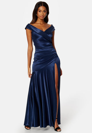 Satin Bardot Pleat Maxi With Split