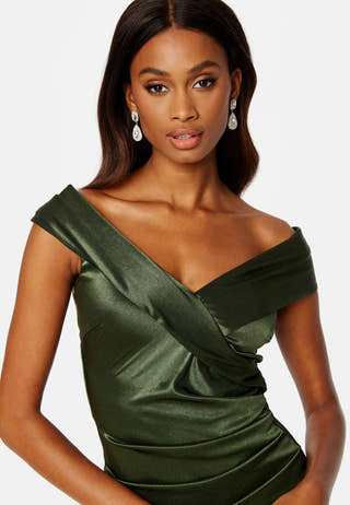 Satin Bardot Pleat Maxi With Split