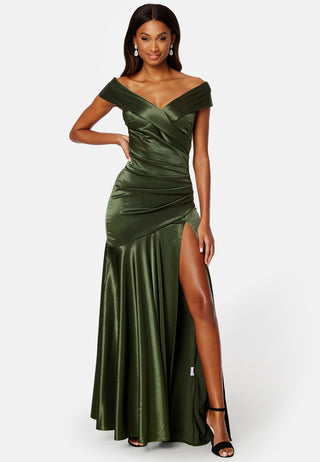 Satin Bardot Pleat Maxi With Split