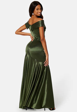 Satin Bardot Pleat Maxi With Split