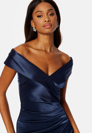 Satin Bardot Pleat Maxi With Split