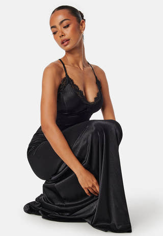 Satin Lace Trim Maxi Dress