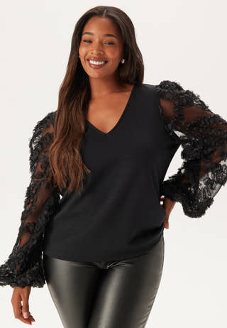 3D Floral Sleeve V-neck Top