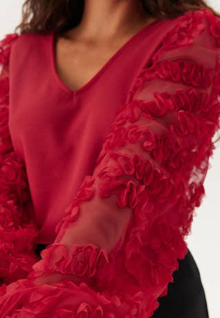 3D Floral Sleeve V-neck Top