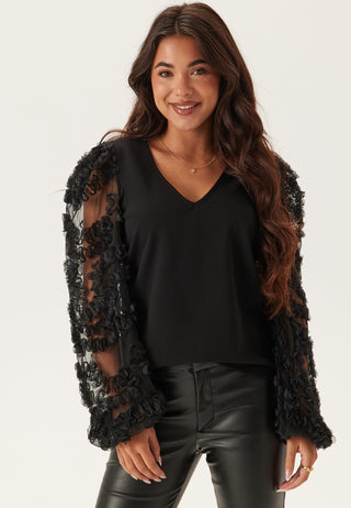 3D Floral Sleeve V-neck Top