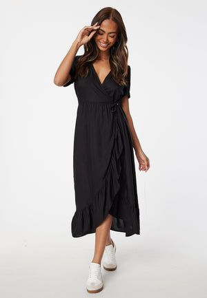 Evie Puff Sleeve Midi Wrap Dress