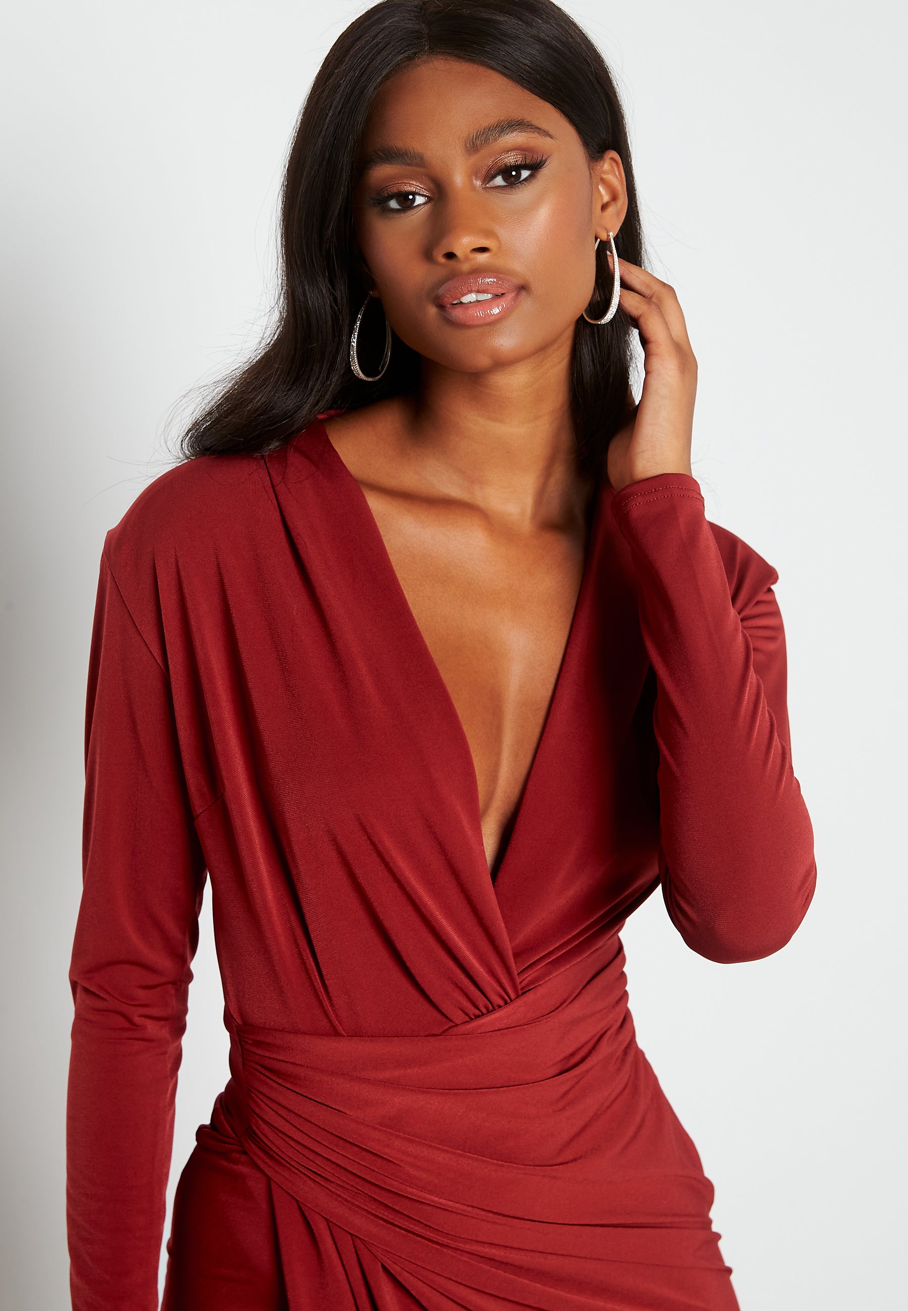 john zack red dress John zack Lace Long Sleeve Rouch Dress campaign-outlet Red