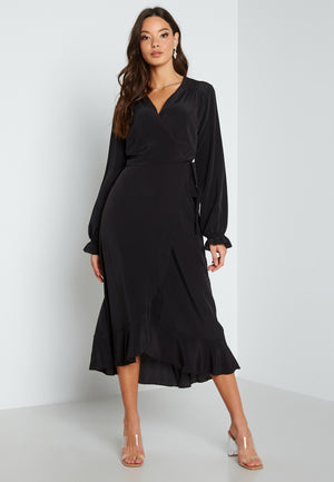 Long Sleeve Wrap Frill Dress
