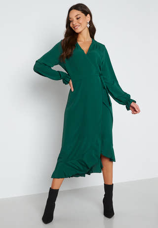Long Sleeve Wrap Frill Dress