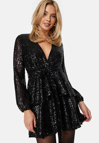 Sequin Deep V Ruffle Skater Dress