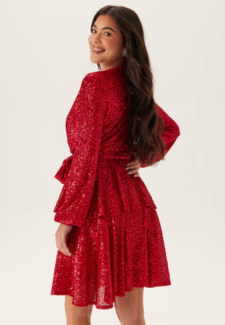 Sequin Deep V Ruffle Skater Dress