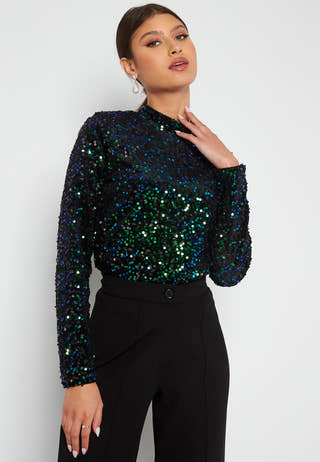 Fame L/S Highneck Sequins Top