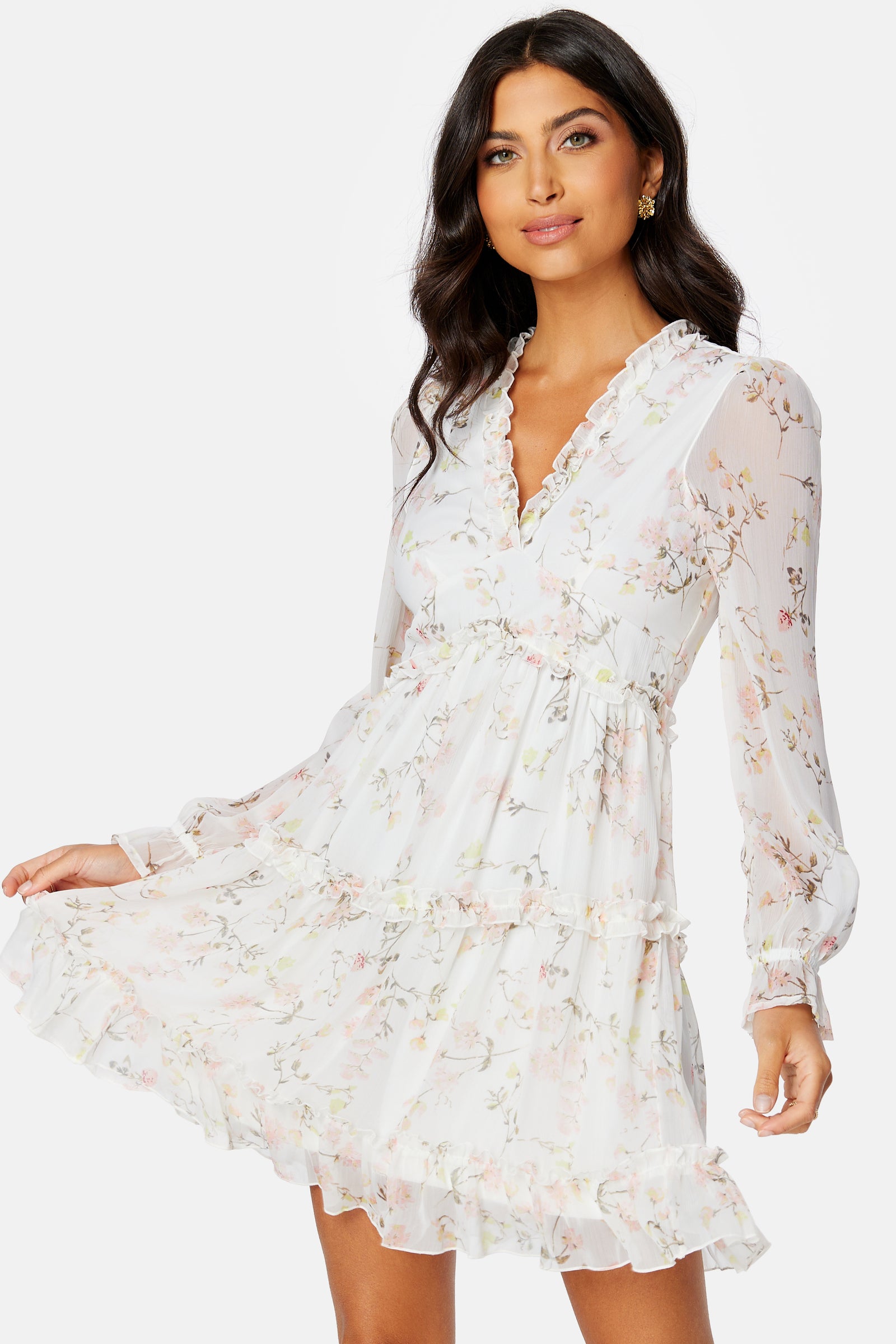 Vero moda – Wonda 7/8 Frill Short Dress – Chiffon dresses – White / Floral